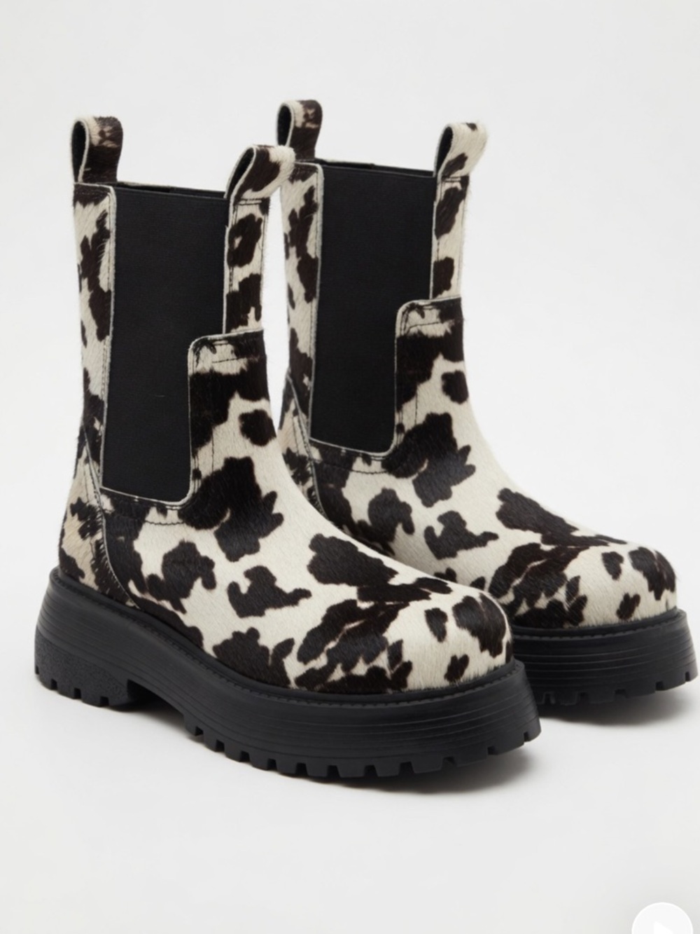 NEW Asos Faux Cowhide Chelsea Boots - Chunky Lug Sole Y2K SZ-5 Black White